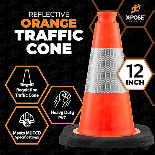 Xpose Safety 12 Inch Orange Traffic Cones with 4" Collar - 48 Pack Multipurpose PVC Plastic Safety Cone for Parking, Soccer, Caution, Kids and Construction - DOT Approved