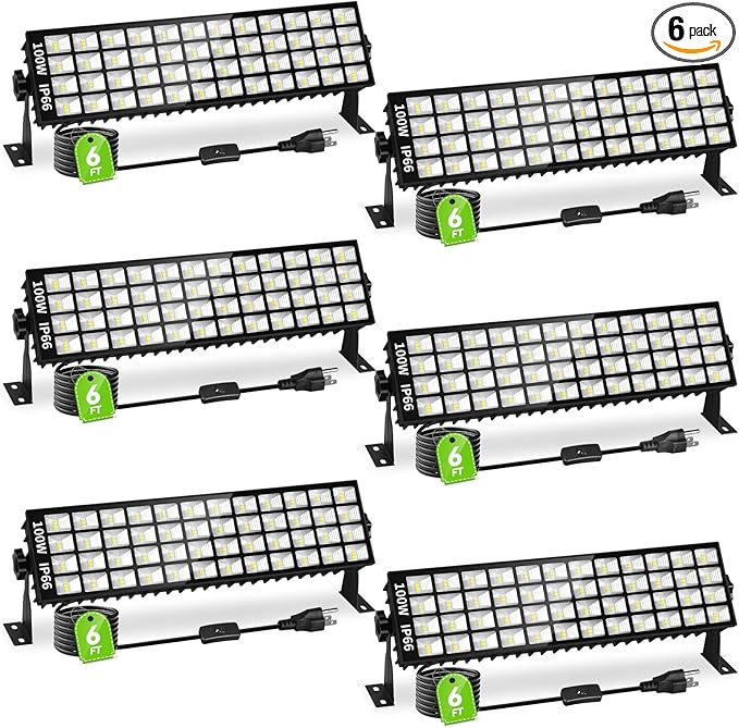 6 Pack LED Shop Lights, 100W 11000LM Plug in Garage Light with 6FT Power Cord, IP66 Waterproof Work Bench Shop Lights for Garage, Workshop, Warehouse, Outdoor, Yard, Garden