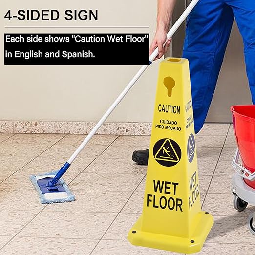 OrangeStar 8-Pack Wet Floor Caution Cones, Yellow Four Sided Bilingual Warning Message Safety Traffic Cones with Heavy Rubber Base for Indoor/Outdoor Use