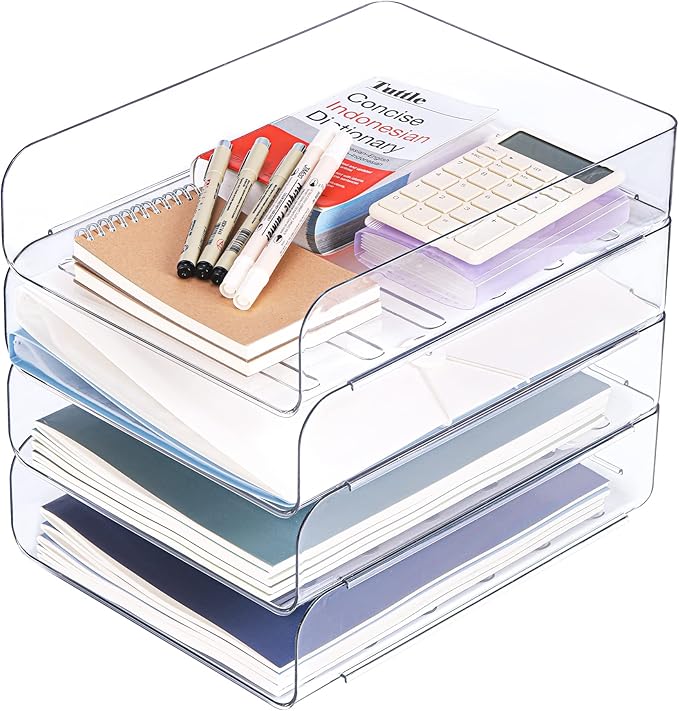 Set of 4 Office Organization and Storage, Clear PET Letter Tray Desk Organizer, Stackable Paper Tray Organizer for Desk Accessories, Notes, Pens, File Paper, Document