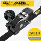 AUGO Self-Locking Retractable Ratchet Straps | 4 Heavy Duty Self-Tensioning Retractable Tie Down Straps with Soft Loops & Storage Bag | for Motorcycle, Truck, Cargo | 1500Lb Break Strength 1” x 12’