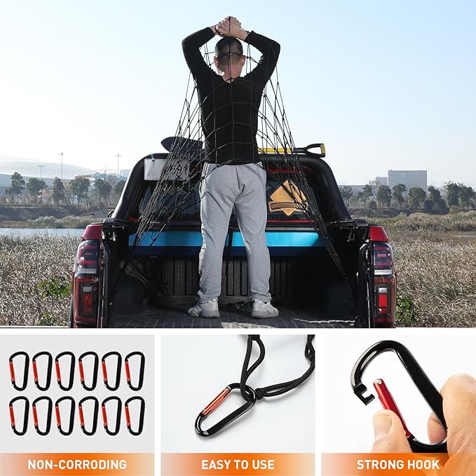 Heavy Duty Cargo Net for Pickup Truck Bed - 4' x 6' Stretches to 12' x 18' - Sturdy Latex Bungee Net Mesh - with 12 Metal Carabiners - Truck Bed Accessories for Dodge RAM, Ford, Chevy, Toyota