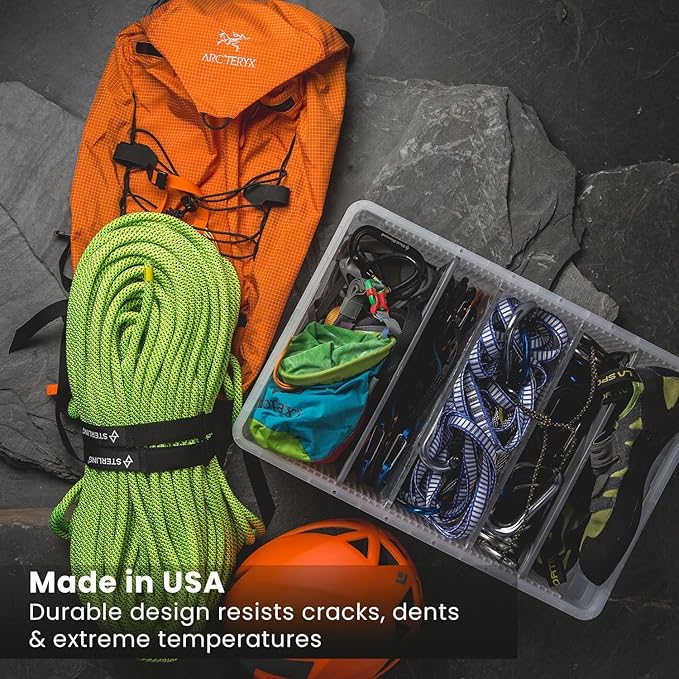 SIDIO Quarter Crate 4 Pack of Stackable Storage Bins - Organizer Bins with Dividers for Garage Organization, Home Storage - Heavy Duty Plastic Containers - 19.16” x 12.75”x 4.57” (Black)
