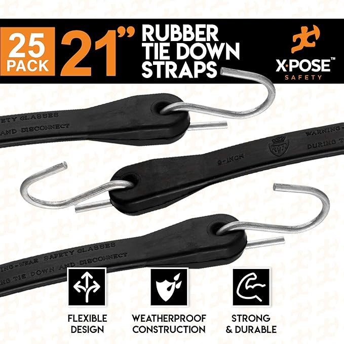 Rubber Bungee Cords with Hooks 25 Pack 21 Inch (32” Max Stretch) Heavy-Duty Black Tie Down Straps for Outdoor, Tarp Covers, Canvas Canopies, Motorcycle, and Cargo - by Xpose Safety