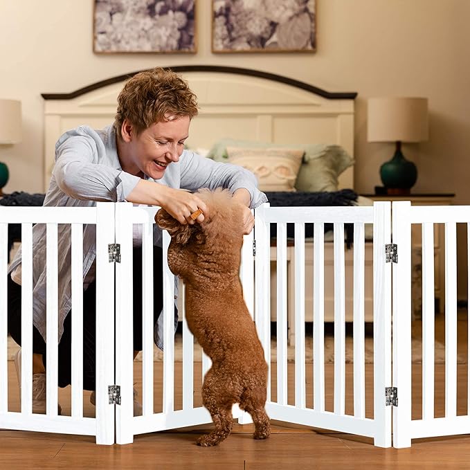 LZRS 4-Panel Wooden Free Standing Foldable Dog Gate Indoor – 24" High, Extra Wide Step-Over Safety Pet Gate for Doorways, Stairs, Hallways, Large Spaces & Playpen for Puppies Indoor Use, White