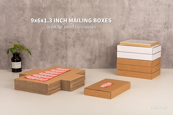 9x6x1.3 inch Small Shipping Boxes, Multi-Depth Flat Cardboard Boxes with Fragile Stickers for DVD Shipping, Packing, Moving, Storage, Brown, 25 Pack