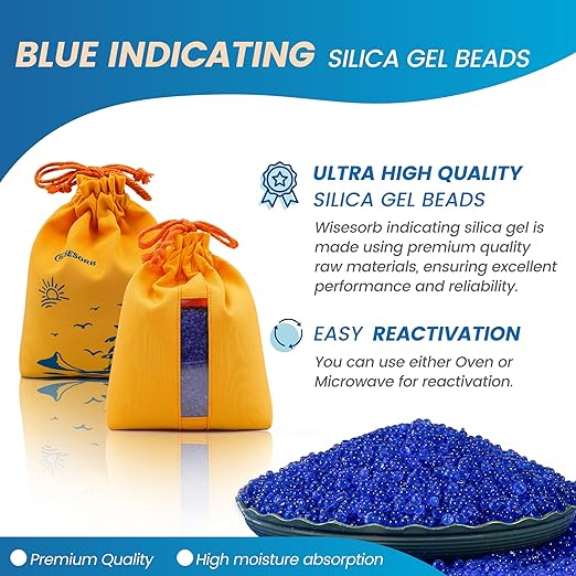 2 Sets 1000g Rechargeable Silica Gel Beads with 1 Cloth Bag, Indicating Blue Desiccants Beads [3-5mm] Moisture Absorber Desiccant Packs for Storage