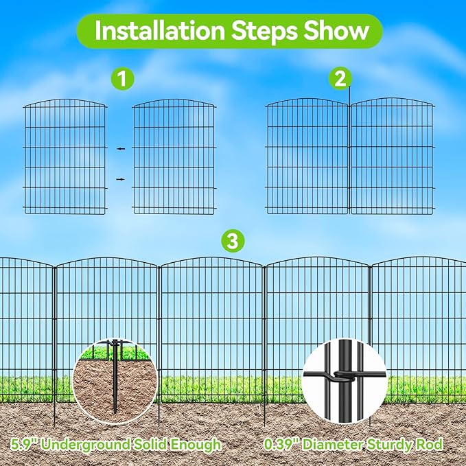 INJOPEXI Decorative Garden Fence 6 Panels 13ft (L)×36in (H) Animal Barrier Fences with 6 Panels Rustproof Metal Wire No Dig Rabbit Fencing Dog Fence for Outdoor Backyard Patio - Without Fence Gate