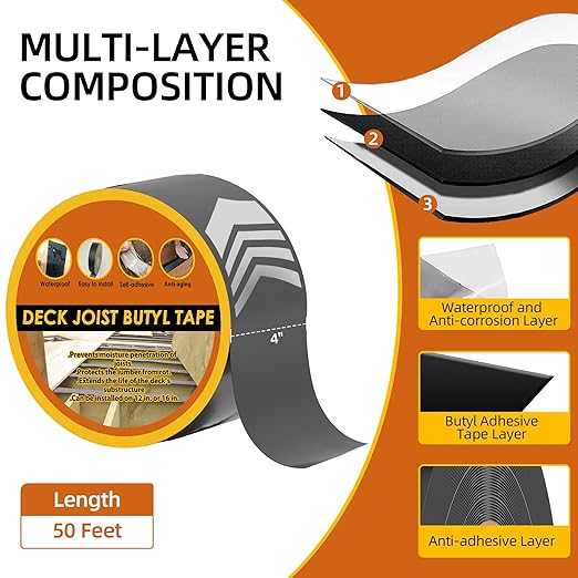 Joist Tape for Decking 4 Inch x 50 Feet 4 Pack, Weatherproof Butyl Sealant Deck Joist Tape，Protects The Top of The Joist, Beam, and Wood