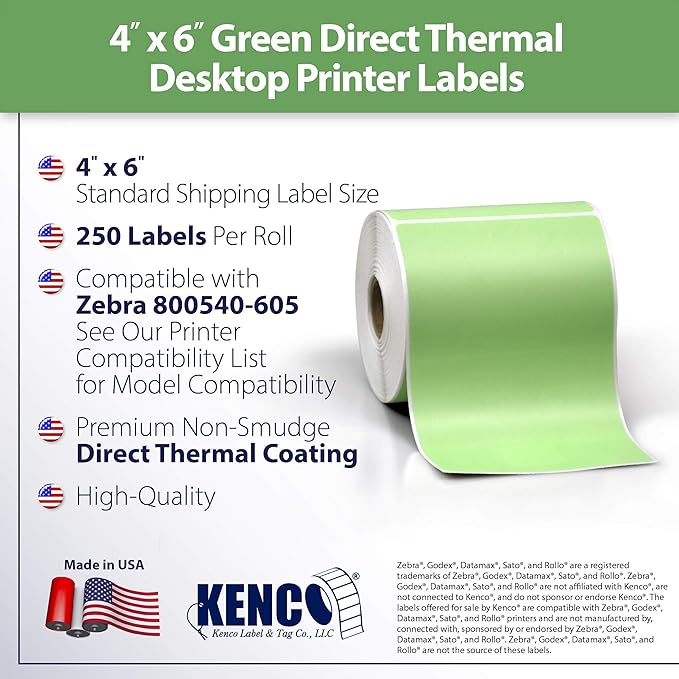 4" X 6" Direct Thermal Perforated Stickers Labels for Shipping Labels, Inventory, and Color Coding - Compatible with Zebra, Rollo, Godex and More (Green, 12 Rolls)
