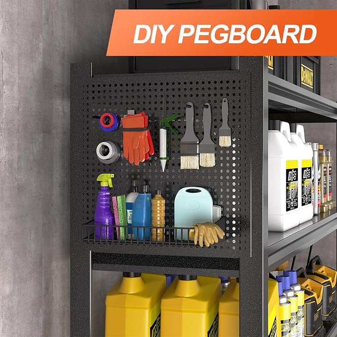 Metal Garage Shelving Unit with Pegboard, Heavy Duty 5-Tier Adjustable Industrial Storage Shelves, 5000 LBS Steel Storage Rack for Garage, Warehouse, Basement, 72"H x 47.2"W x 23.6"D, Black