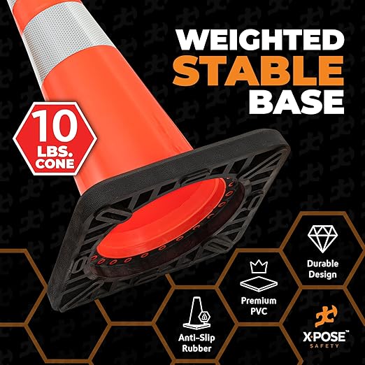 Xpose Safety 28 Inch Orange Slim Line Traffic Cones Heavy Duty 10lb with 6" & 4" Collars, 1 Pack Multipurpose PVC Plastic Safety Cone for Parking, Soccer, Caution, Kids & Construction - DOT Approved