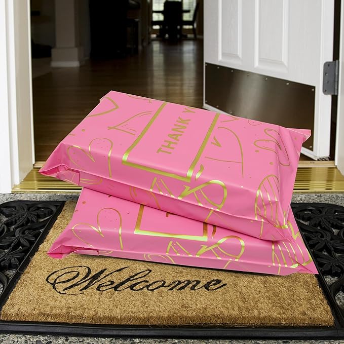 Thank You Poly Mailers 6x9 Inch 100 Pcs - Heart printed Shipping Bags, 2.4mil Thickness, Waterproof and Tear Resistant Mailing Envelopes, Self-Sealing Packaging Bags for Clothing