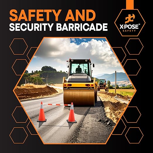 Retractable Barrier for Safety Traffic Cones - 2" OD - Large Yellow and Black Bar Barricade - for Road Construction, Parking, Warning, Temporary Security Divider (20, Orange & White, 53" x 84")