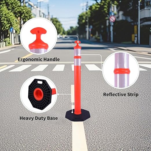 Reflective Rubber Base Traffic Delineator Post - Heavy-Duty Safety Bollards for Parking Lot Markers, Road Construction, Driveway Warning - with Reflective Strips (3 Pack - 45 Inch)