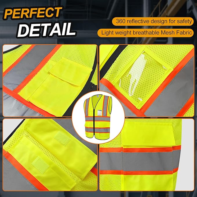 High Visibility Vest for Men Women 5 Pockets Safety Vest with Reflective Strips, Hi Vis Vest with Mesh Fabric, Breathable, (GR720-Yellow,S).
