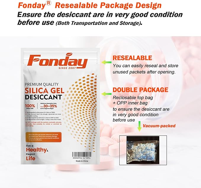 2g x 100 Packs Fonday Food Grade Silica Gel Desiccants Packs Moisture Absorbers Dehumidifier for Food Storage, Electronics, 3D Filament & Safes