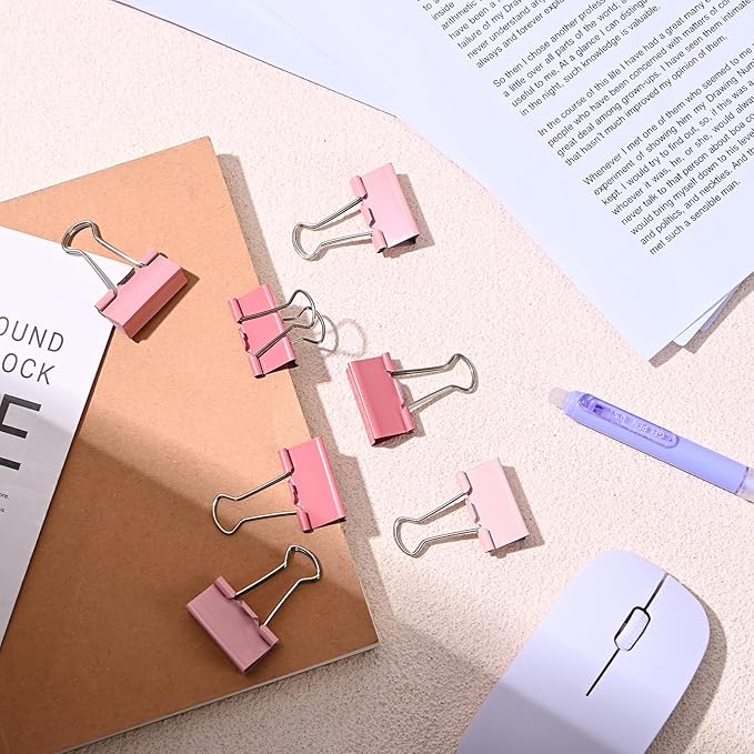Temiary Aesthetic Binder Clips, 24 Pcs 1.6 Inches Small Metal Binder Clip with Clear Storage Container, Binding Paperwork Clamps for School Teachers Office Supplies (Pink)