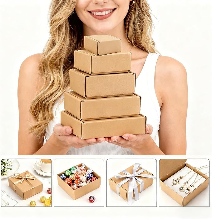 Ellbest 50pcs Kraft Brown Box 1.5mm Thick Cardboard Boxes, 3.6 x 2.6 x 1.2 inches Foldable Kraft Brown Box for Stationery, Pins, Mini Ornaments, Small Shipping Boxes