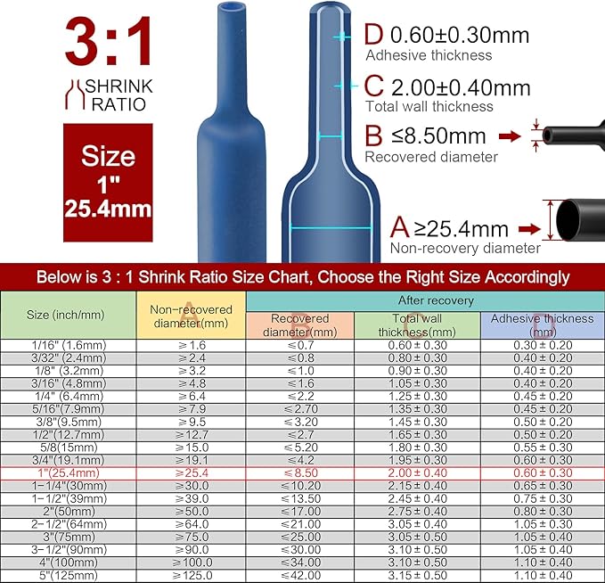 Chanzon 3:1 Ratio 1" (25.4mm) Heat Shrink Tubing - Marine Grade Waterproof Adhesive Lined - 4Ft Roll (1.22M Total Length) Blue Polyolefin Sleeving Wrap Shrinking 3 to 1 Ratio 1pcs