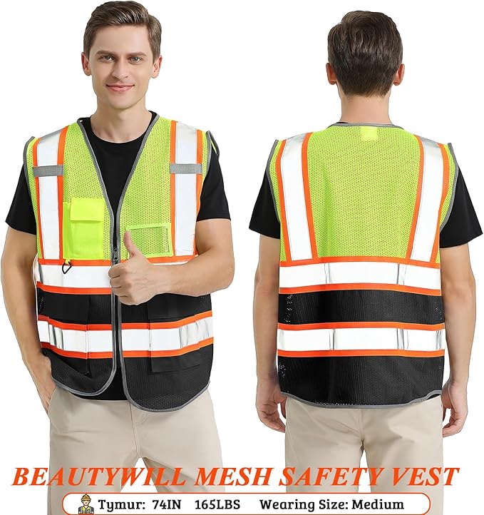 BeautyWill Custom Mesh Safety Vest Customized Logo Class2 High Visibility Reflective Vest with Pockets Construction workwear （Yellow Black，M ）