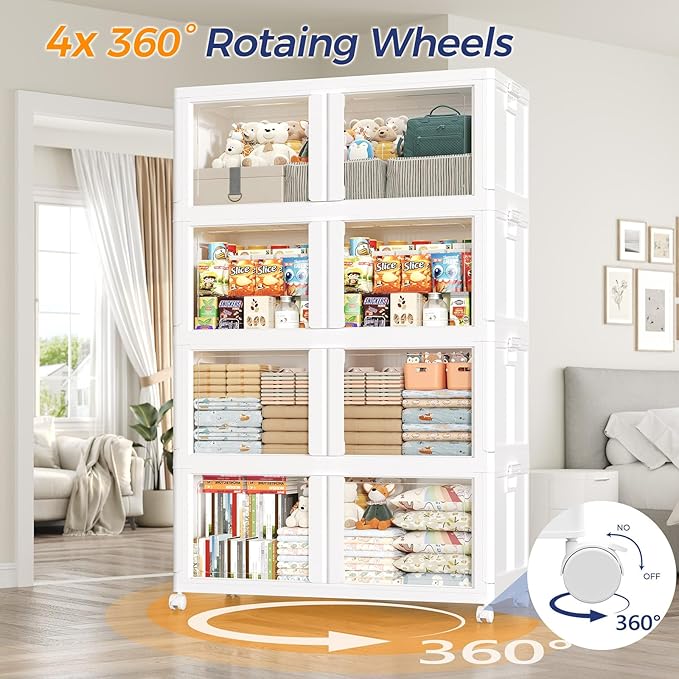800Qt Large Stackable Storage Bins with Lid, 200Gal Plastic Closet Organizer and Storage Box with Wheels, Collapsible Storage Cabinet with Clear Door for Home Kitchen Office Dorm, 4Pack White