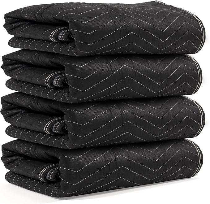 US Cargo Control Moving Blankets 72"x80" 4-Pack, (65 lbs/doz weight), Heavy Duty Packing Blankets for Moving Furniture, Shipping, and Storage, Black Quilted Furniture Pads, MBDELUXE Econo Deluxe
