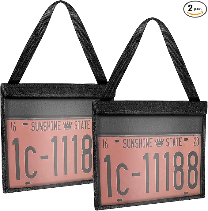 Frienda 2 Pieces License Plate Holder with Hanging Strap Dealer Plate Holder Test Drive Tag Bag Black Frame Cover and Bracket for Car SUV Truck