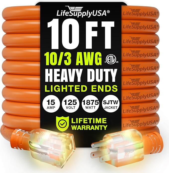 10ft Outdoor/Indoor Extension Cord 10/3 Gauge Ultra Heavy Duty 3 Prong SJTW, Waterproof, ETL Listed, Flexible Cold-Resistant Long Power Cord,15A 125V 1875W, Orange by LifeSupplyUSA