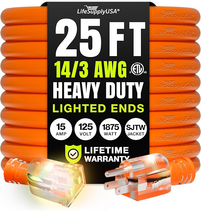 25ft Outdoor/Indoor Extension Cord 14/3 Gauge Heavy Duty 3 Prong SJTW, Waterproof, ETL Listed, Flexible Cold-Resistant Long Power Cord,15A 125V 1875W, Orange by LifeSupplyUSA