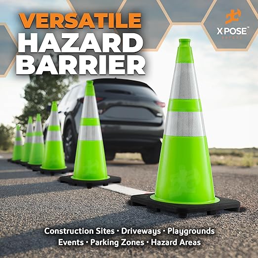 Xpose Safety 28" Lime Traffic Cones 6" & 4" Reflective Collar - Bulk Half Pallet 150 Pack - Premium PVC Safety Cone for Parking, Caution, Construction, Road Crews, Emergency Vehicle - DOT Approved