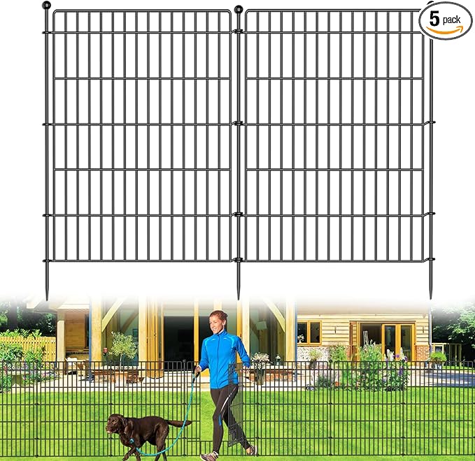 5 Panels No Dig Garden Fence with Gate, 44in(H) × 11.8ft(L) Decorative Metal Outdoor Dog Fence, Rustproof Pet Fencing for Yard, Patio, Flower Bed -Temporary Fencing| Easy to Install