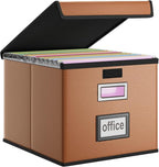 Huolewa Faux Leather File Organizer Box with Lid, Collapsible Hanging File Folder Box Organizer with Plastic Slides, Decorative Home/Office Filing System Boxes for File and Folder Storage
