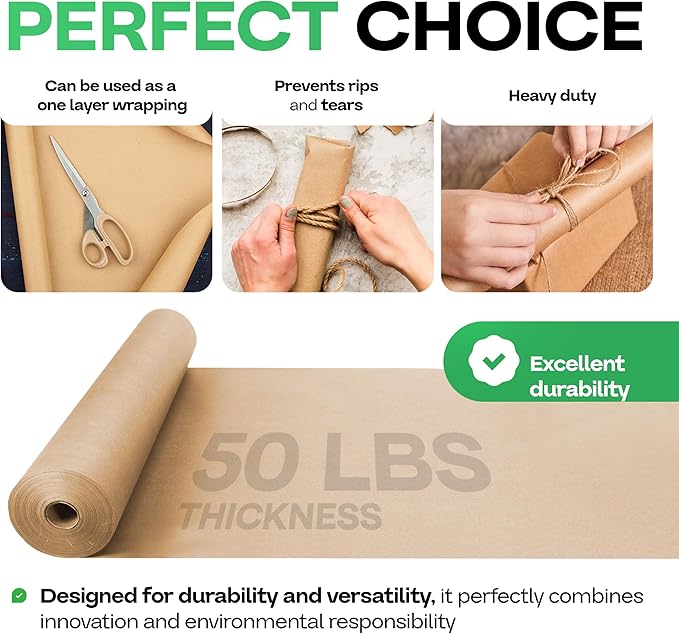 IDL Packaging Brown Paper Roll 36" x 1200" (100 feet) - USA-Made Thick Kraft Paper Roll 50lb Thickness for Packing, Moving, Shipping & Crafts/Arts - 100% Recycled Natural Craft Wrapping Material