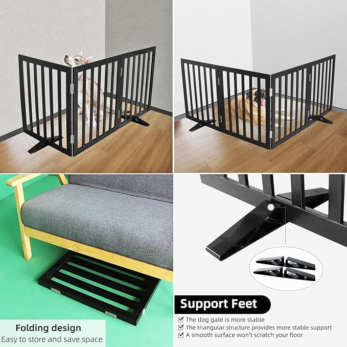 ZJSF Freestanding Indoor Dog Gate for House Foldable Wood Puppy Gate for Doorways Pet Gate for Stairs Extra Wide Pet Fence, Black, 32" Height 3 Panels