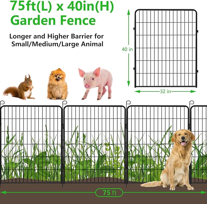 No Dig Decorative Garden Fence with Gate Rustproof Metal Fence Panels, 40in(H) x 75Ft(L) Garden Fencing for Yard 28 Panels Animal Barrier Fence for Dogs, Rabbit, Patio