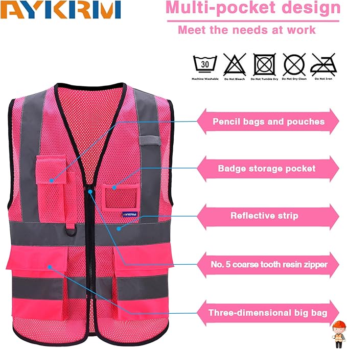 A-SAFETY High Visibility Mesh Safety Reflective Vest with Pockets and Zipper,Hi Viz Work Vest for Men Women (Pink Mesh M)
