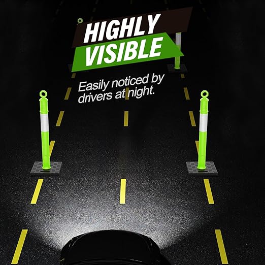 RoadHero 45 Inch Delineator Post with Base, Portable Lime Green Traffic Delineator Posts Cones with Reflective Collars for Parking Lots, Road Safety, Construction Events (6 Pack)