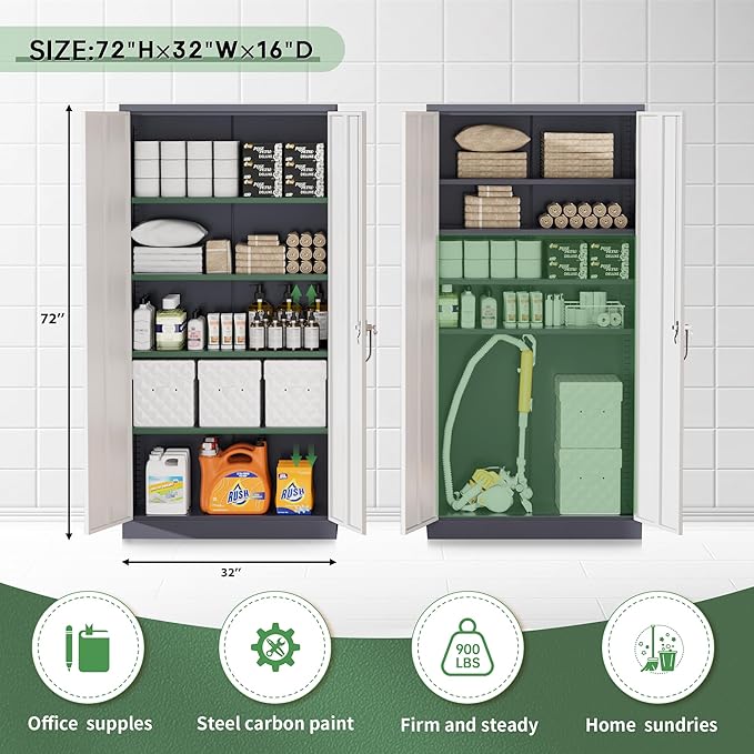 Greenvelly Metal Garage Storage Cabinet, Tall Locking Storage Cabinet with 2 Doors and 4 Adjustable Shelves, Steel Tool Cabinet, Lockable Filling Cabinet for Home, Office, Garage, School (Gray White)
