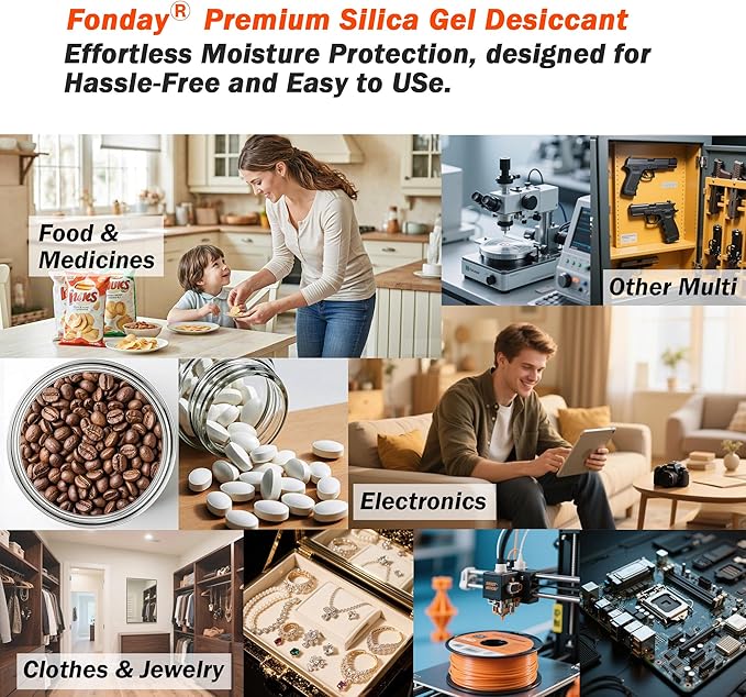 50g x 40 Packs Fonday Rechargeable Silica Gel Desiccant Packets Food Grade Fast Reactivate Desiccant Bags Moisture Indicating Orange to Green for Food Storage, Electronics, 3D Filament & Safes