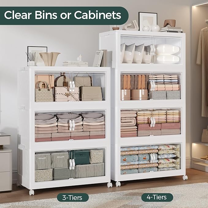 150Gal Stackable Storage Bins with Lid and Wheels, 600QT Plastic Collapsible Storage Boxes with Doors, Closet Organizer and Storage Cabinet for Home Kitchen Office Dorm Room, 5Pack White