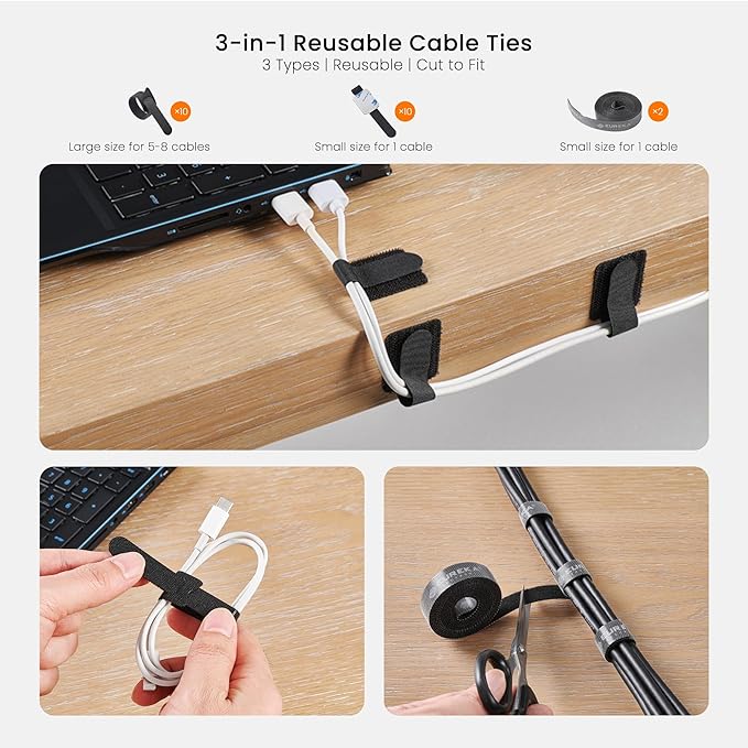 EUREKA ERGONOMIC Cable Management Organizer Kit Cable Raceways 316 PCS, 6 Cable Holder, 4 Cord Sleeve, 60 Wire Clips,2 Roll Self Adhesive Wire Ties, 100 Zip Ties For TV Office Home Under PC Desk,Black