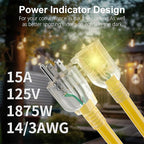 HUANCHAIN 15 ft 14/3 Gauge Heavy Duty Outdoor Extension Cord Waterproof with Lighted, Flexible Cold Weather 3 Prong Electric Cord Outside, 15A 1875W 125V 14AWG SJTW, Yellow, ETL Listed