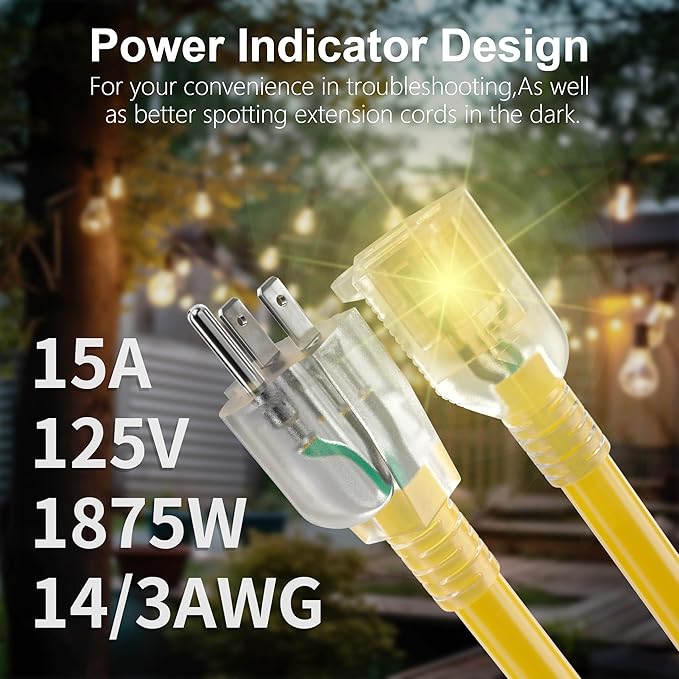 HUANCHAIN 10 ft 14/3 Gauge Heavy Duty Outdoor Extension Cord Waterproof with Lighted, Flexible Cold Weather 3 Prong Electric Cord Outside, 15A 1875W 125V 14AWG SJTW, Yellow, ETL Listed