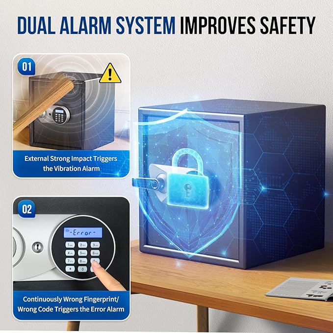 BlackSmith Biometric Safe Box 1.5 Cub Home Security Safe Fingerprint Recognition Money Safe with Keys Keypad Lock Box Secure Jewelry Valuables with Dual Alarm System Fireproof Bag, Black