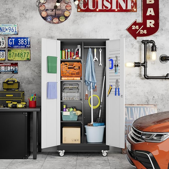Broom Closet Storage Cabinet with Wheels and Pegboard,Metal Garage Storage Cabinet with Doors and Adjustable Shelves for Garage Home Office,Required Assembly,Black and White