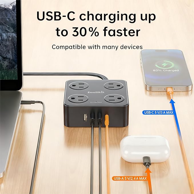 6.5Ft Power Strip with Surge Protector, 8 Outlets 4 USB Ports Extension Cord, Flat Plug Charging Station for Home Office Desk & College Dorm Essentials, Black