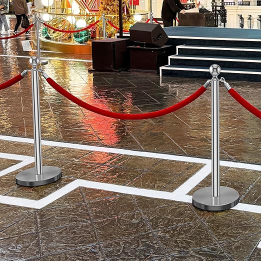 kaiyomi 4Pcs Stanchions with Red Velvet Ropes Set, 5 Feet Velvet Ropes and Posts Poles for Red Carpet Party Decoration and 360° Photo Booth (Silver)