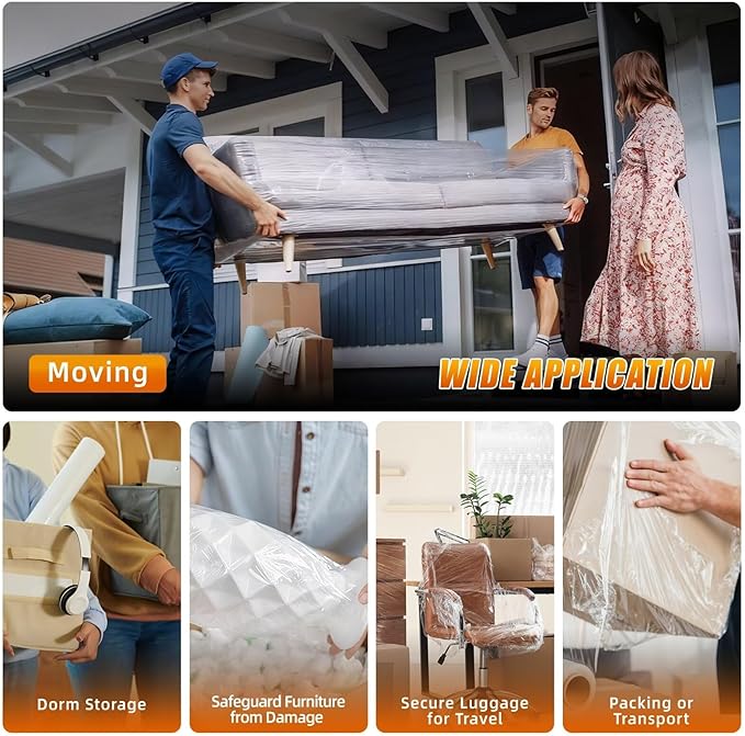 Stretch Film Shrink Wrap for Moving Supplies (5inch, 4 Pack) x 1000ft, Industrial Strength Plastic Wrap Stretch Roll for Pallet Wrapping Shipping Moving Boxes Storage Furniture with Handles, Clear