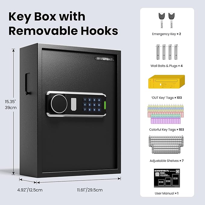 Heavy Duty 103 Keys Electronic Key Lock Box with Anti-Theft Deposit Key Slot & Key Out Tags, Key Cabinet Wall Mount with Code for Home Office